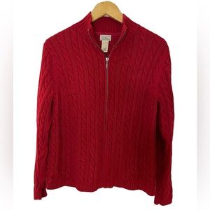 LL Bean Sweater Red Cable Knit Cotton Jacket Full Zip Cardigan Large